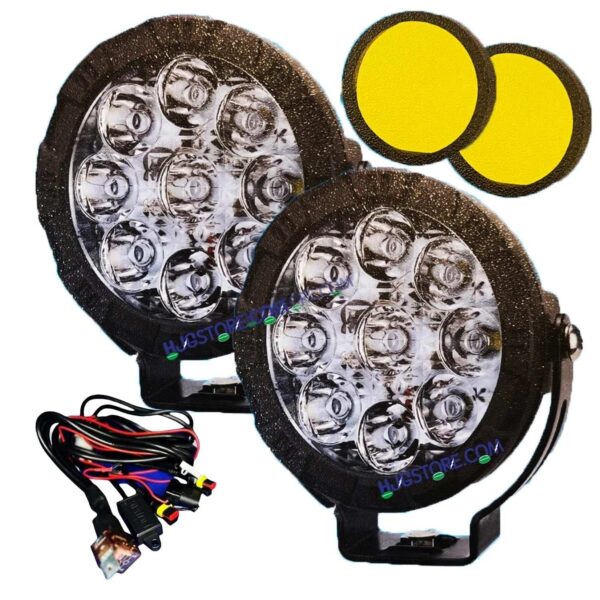 HJG New 9 LED 180W Round CREE Foglight Foglamp with Yellow Cover 180W 9 LED HJG 180W 9 LED Car Accessories Led Headlights Lights Led Fog Lights For Motorcycle Car SUV Lights, Set of 2 with Wiring Harness Kit HJG 9 LED Round 180W