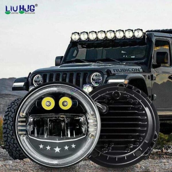 HJG 7 Inch Led Headlight Assembly Halo Lights Dual Color Yellow White 7 Inch Round Motorcycle Lights For Jeeps Universal Car Compatible with Royal Enfield, Jeep & Harley Davidson Fog Headlight Light Kit Devil's Eye Rgb Color Halo H4 Projector 2