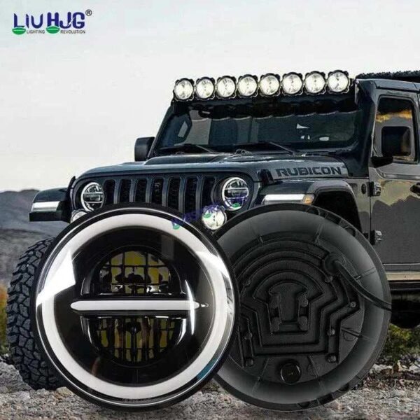 HJG 7 Inch Led Headlight Assembly Halo Lights Dual Color Yellow White 7 Inch Round Motorcycle Lights For Jeeps Universal Car Compatible with Royal Enfield, Jeep & Harley Davidson Minus 2