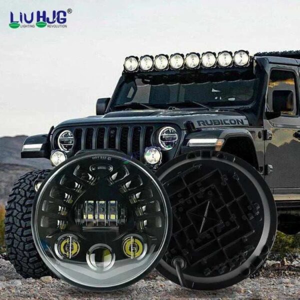Second image of HJG 7 Inch Led Headlight Halo Lights Dual Color Yellow White 90w 7 Inch Round Motorcycle Lights For Jeeps Universal Car Compatible with Royal Enfield, Jeep & Harley Davidson 231047 2 HJG