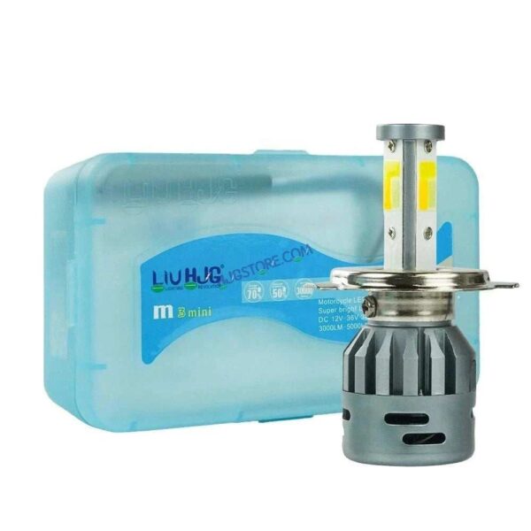 HJG M3 Mini ORIGINAL LED Headlight Bulb H4 50W For All Motorcycles (Low and High Beam Bulbs (White) AC/DC 50Watt 3 Side Chip) - Type H4 Hi/Lo