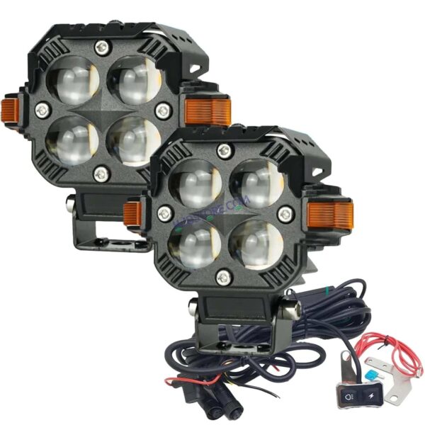 HJG Hazard 4x4 Lens Foglight with Wiring Kit Combo Quad 4x4 Lens 120W with Hazard DRL Foglight Ultra Wide Dual Intensity LED Fog Lights White/Yellow (2*60W = 120W Total) Universal For All Cars & Bikes LIU HJG Hazard S65 4x4 Lens Projector Fog with Wiring