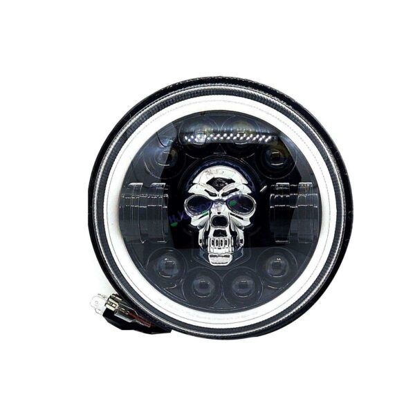 HJG 7 Inch Harley Skull Round Led Headlight Fits in Royal Enfield All Models, Mahindra Thar (12V-80V 75w)