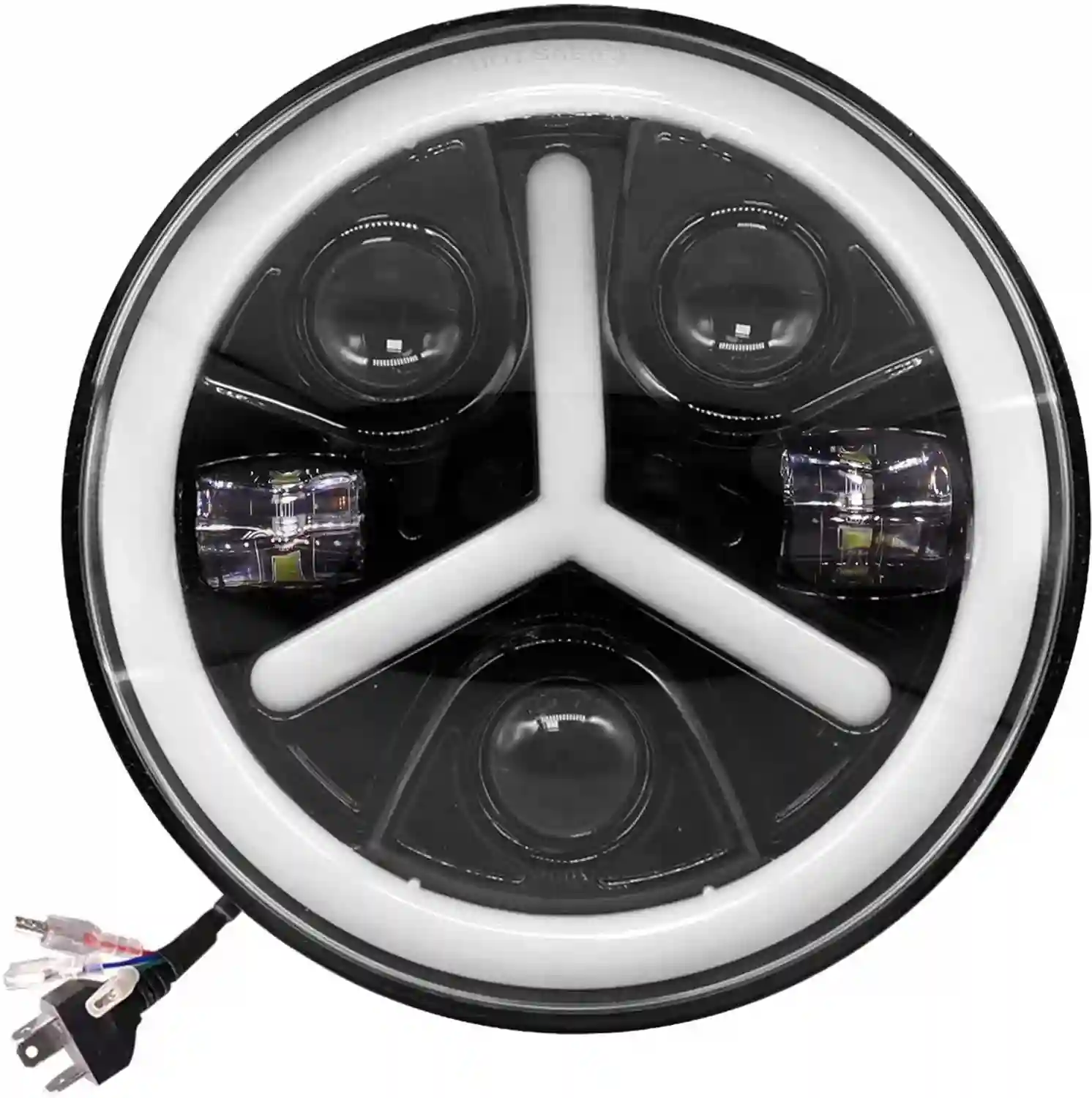 Mercedes design Full Ring Round White LED Headlight with Hi/Low Beam White & Yellow Angel Eye Lamp Compatible with Bullet, Harley Davidson Jeep Wrangler (75W, Pack of 1)7 Inch