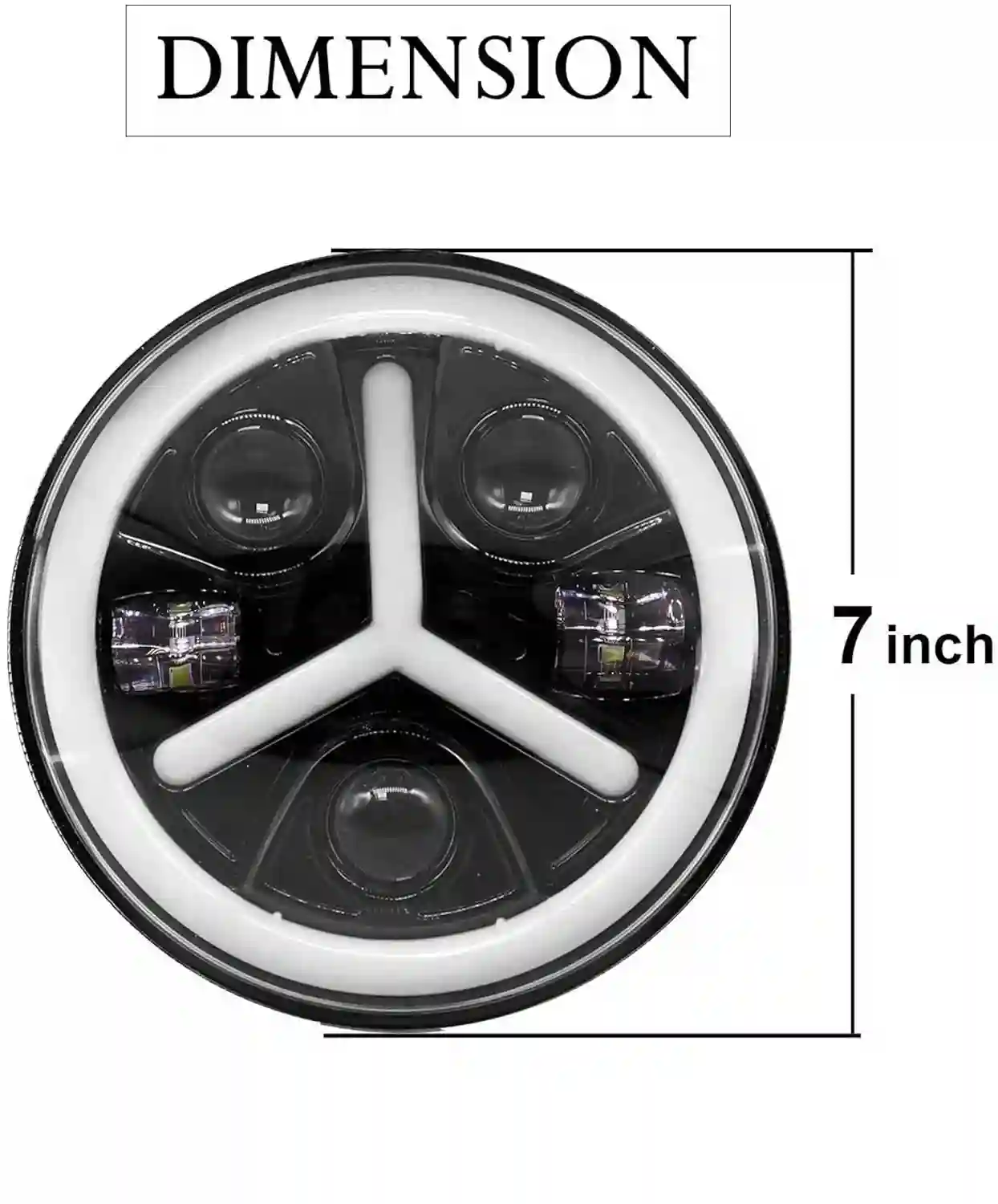 Second image of Mercedes design Full Ring Round White LED Headlight with Hi/Low Beam White & Yellow Angel Eye Lamp Compatible with Bullet, Harley Davidson Jeep Wrangler (75W, Pack of 1)7 Inch