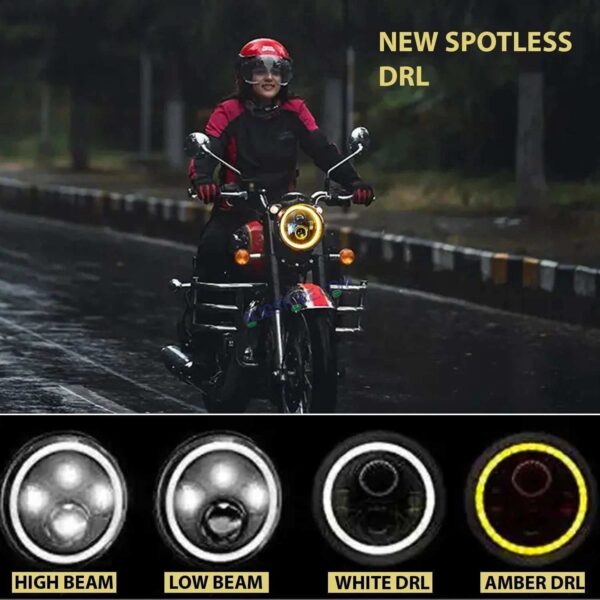 Second image of HJG 7 Inch LED Headlight with Spotless and Bright DRL Fits in Royal Enfield (All Model) And Mahindra Thar (12V-80V DC 75w)