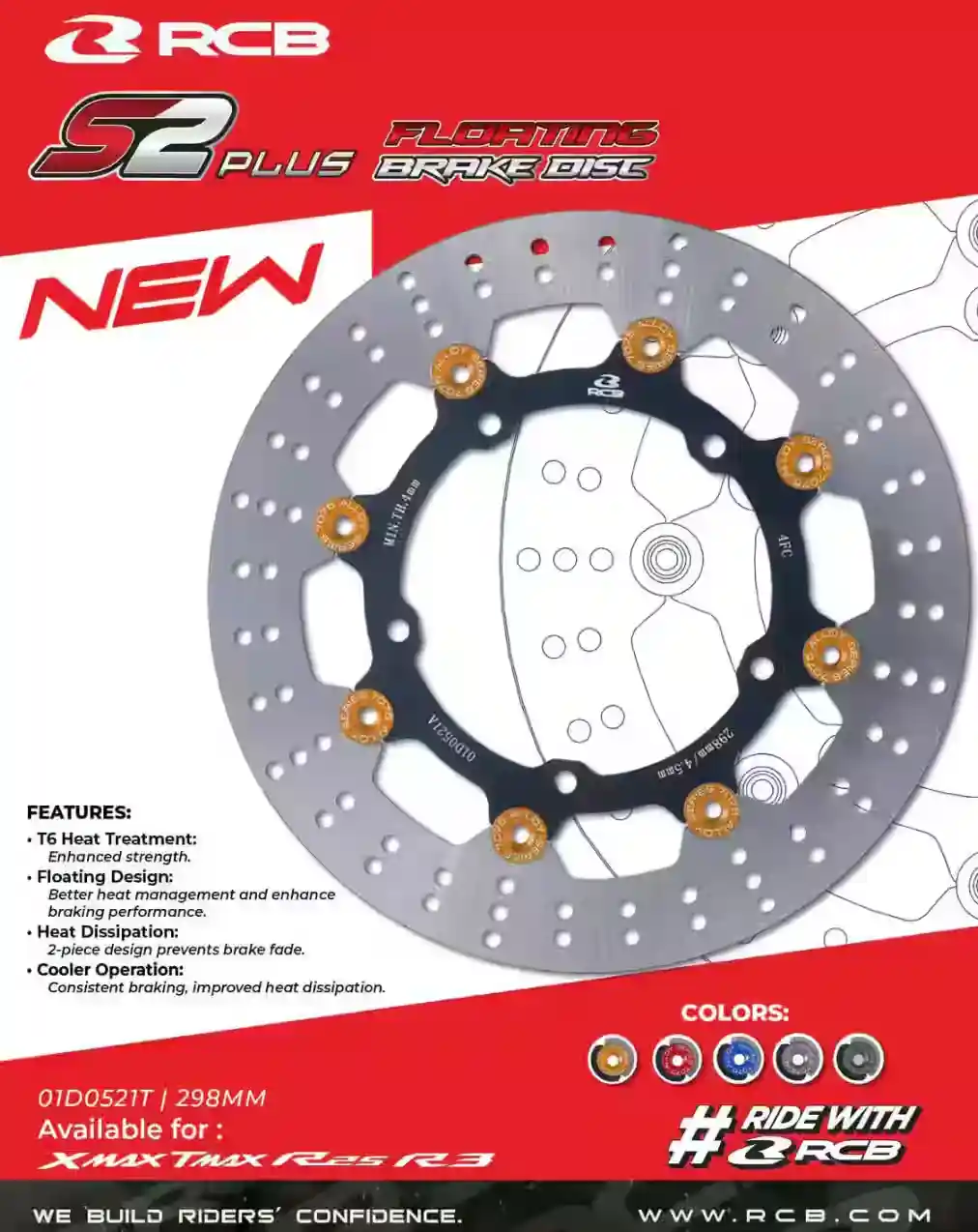 RCB ALLOY FLOATING BRAKE DISC S2+ SERIES YAMAHA YZF R3 298MM 01D0521